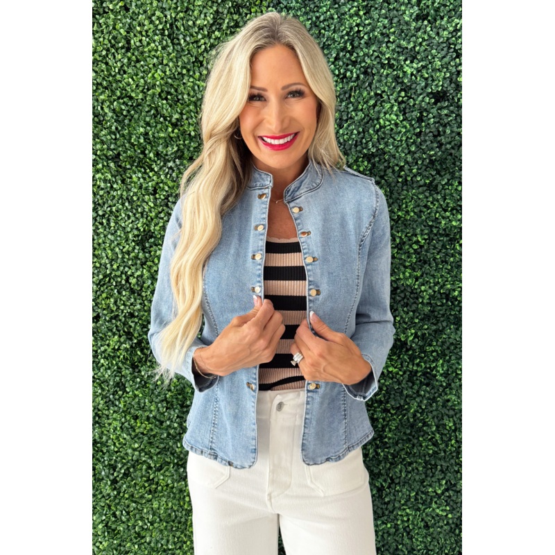 Woven Denim Jacket with Gold Button Detail XS Light Blue