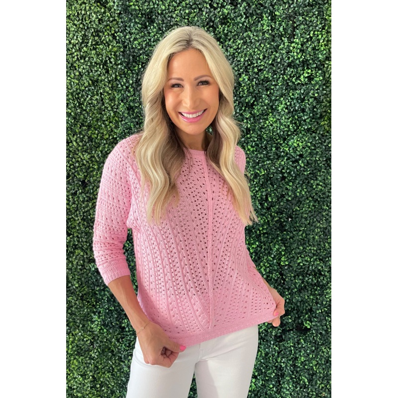 3/4 Sleeve Crochet Pullover Sweater Small Light Pink