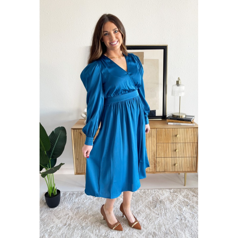 Long Sleeve Satin Midi Dress Small Blue