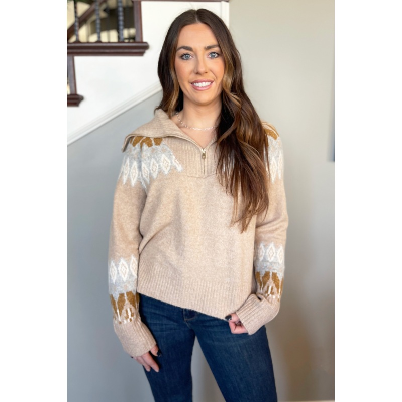 Sailor Collar Ethnic Motif Sweater Small Taupe