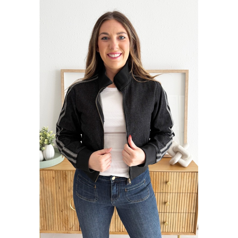 Athletic Striped Denim Jacket Small Black Wash