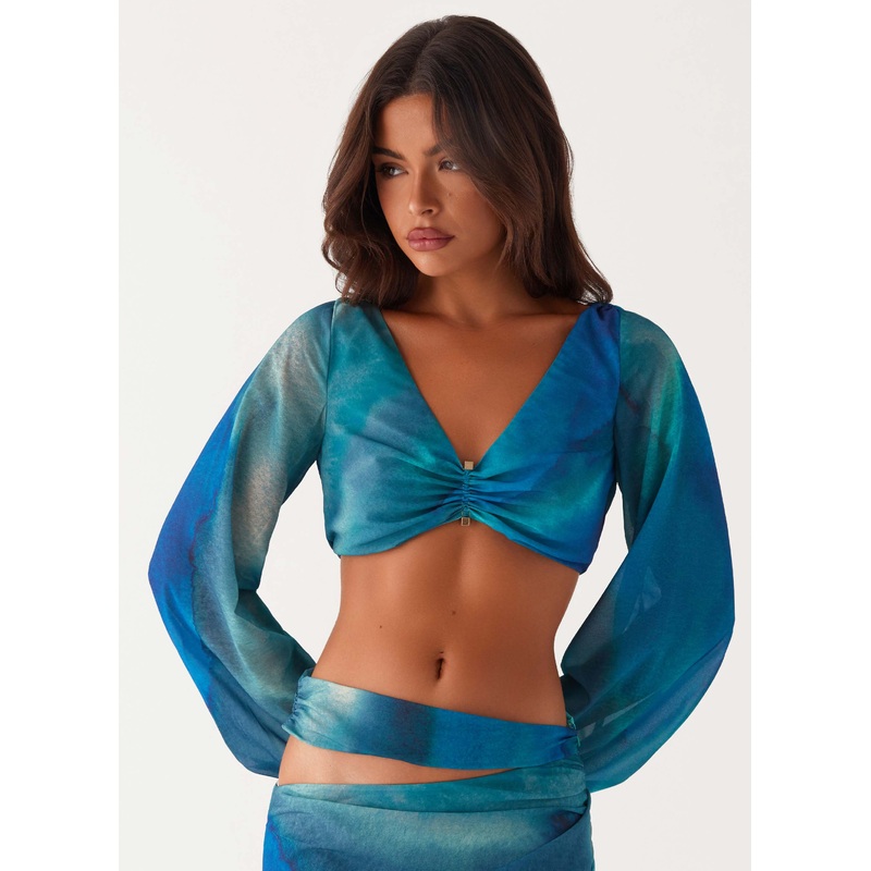 Austin Long Sleeve Top – Blue Tie Dye Blue Black Print US 0