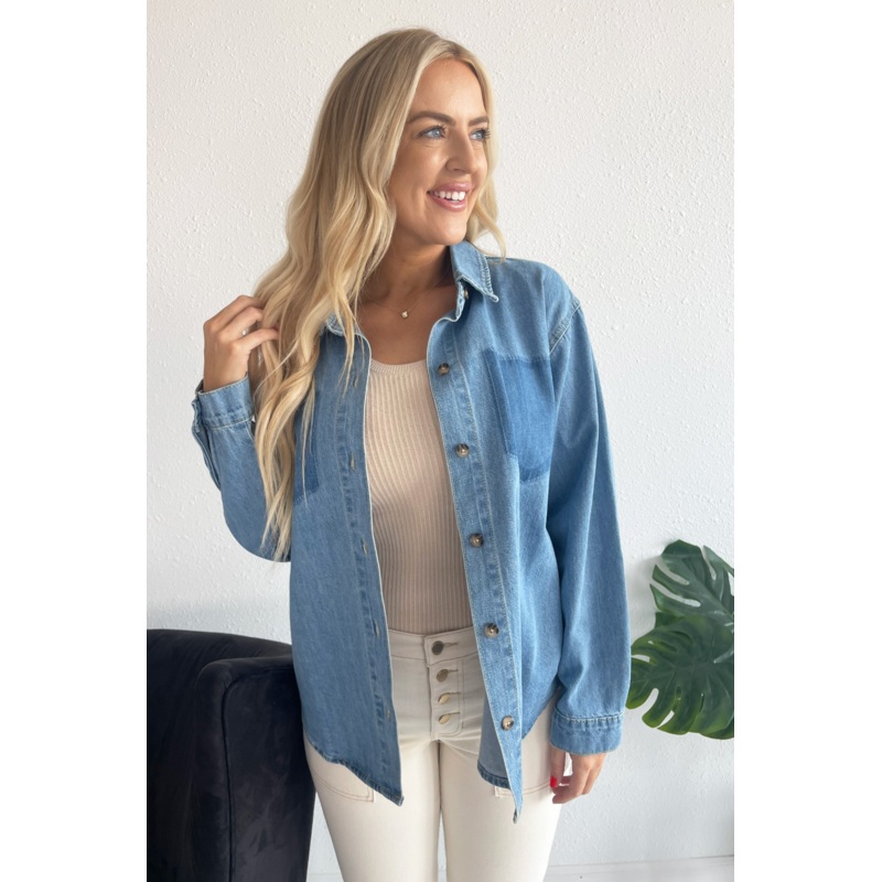 Cotton Denim Shirt with Burnout Pocket Detail Small Denim