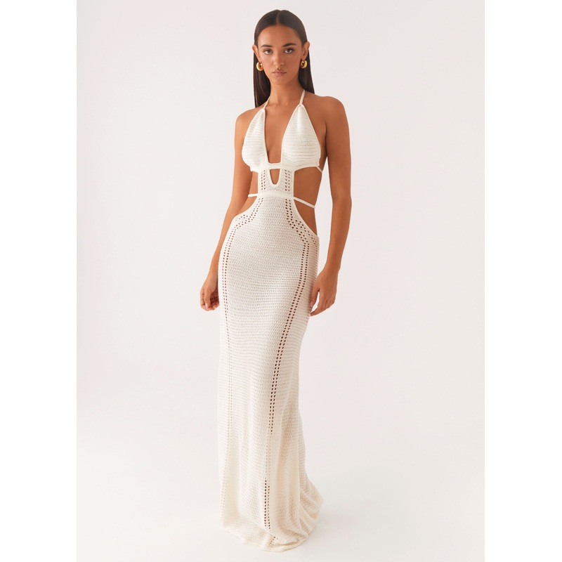 In Motion Cut Out Crochet Maxi Dress – White White XS-S