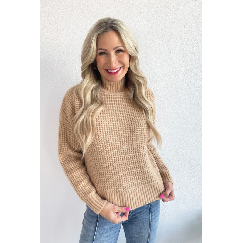 Knitted Sweater with High Collar XS Beige
