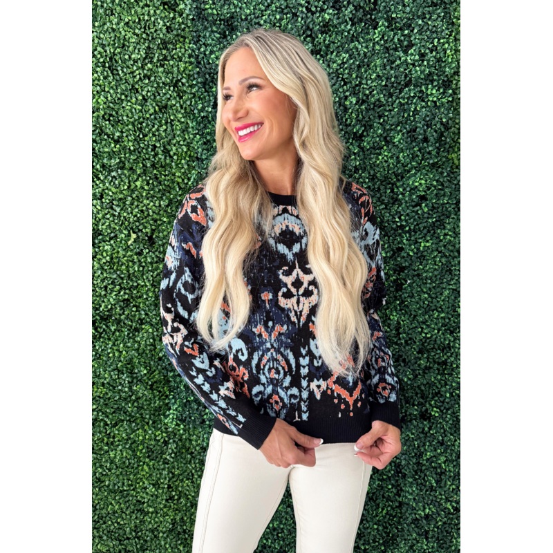 Long Sleeve Crew Neck Dropped Shoulder Jacquard Sweater XS Blue Multi Ikat