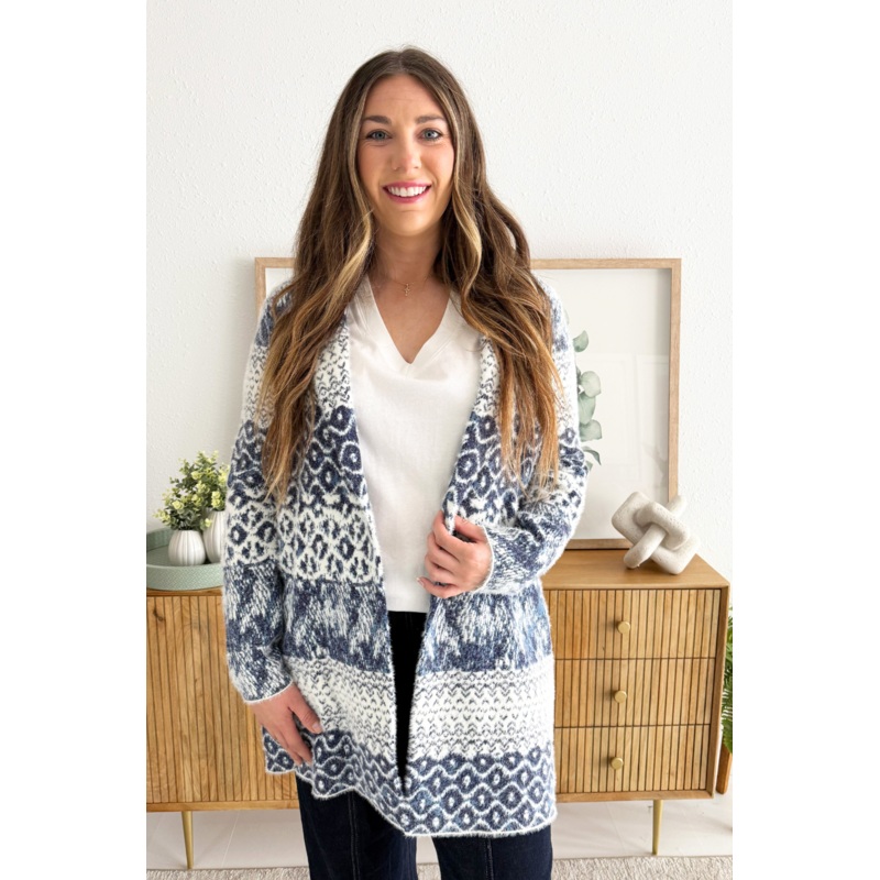 Long Sleeve Open Front Sweater Coat XS Navy Shb Mix Textured