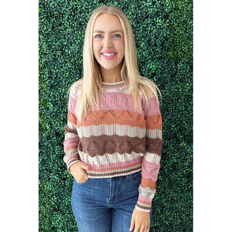 Multi Color Wavy Stripe Sweater Small Oatmeal Combo