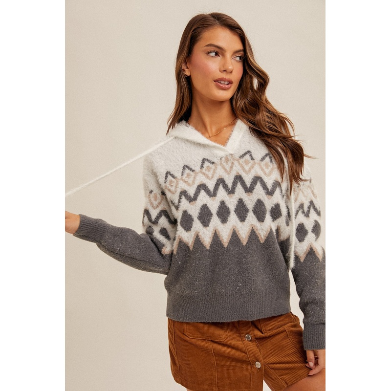 Nordic Hoodie Sweater Small Grey/White/Taupe