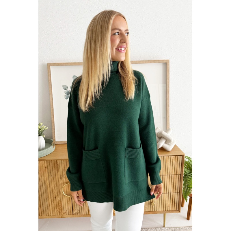 Pocket Roll Neck Sweater Small Green