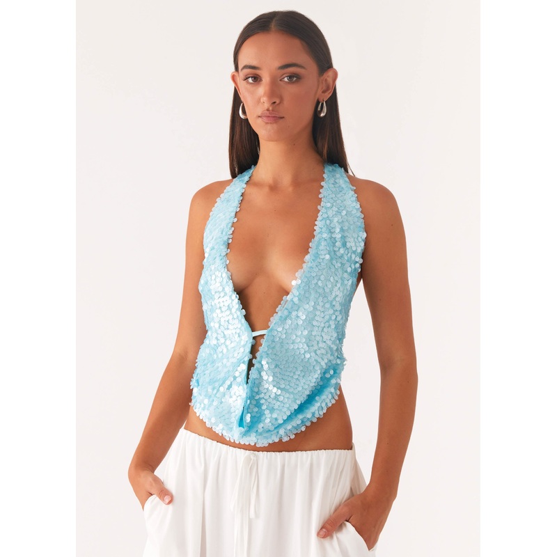 Rio Dreams Cowl Neck Halter Top – Turquoise Turqoise US 0