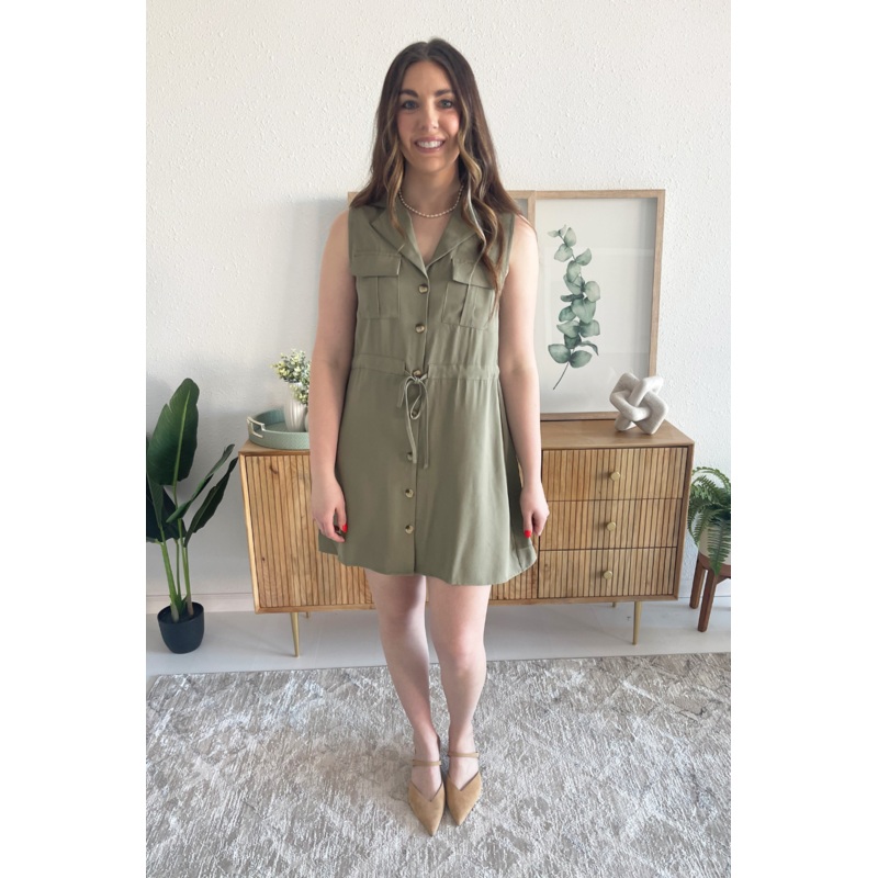 Utility Tie Shirt Dress Small Khaki