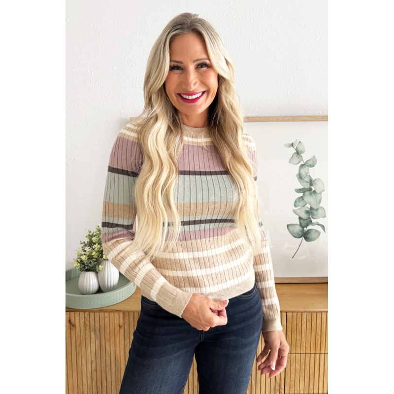 Color Block Striped Sweater Top Small Ivory/Latte