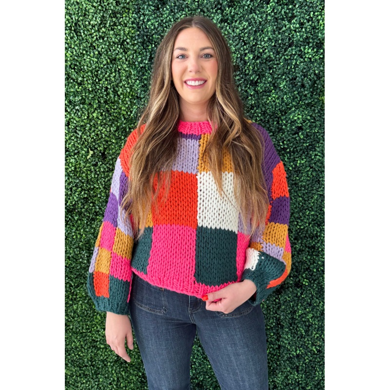 Colorblock Chunky Crochet Sweater Small Pink Multi