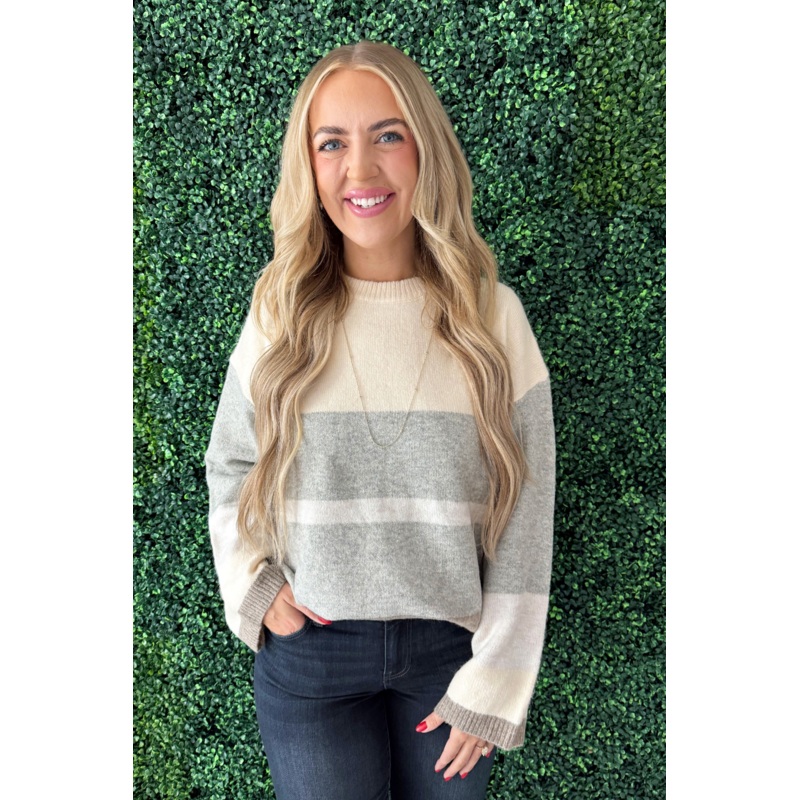 Color Block Soft Yarn Sweater Small Cream