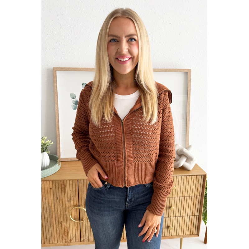 Open Knit Sweater Jacket Small Caramel