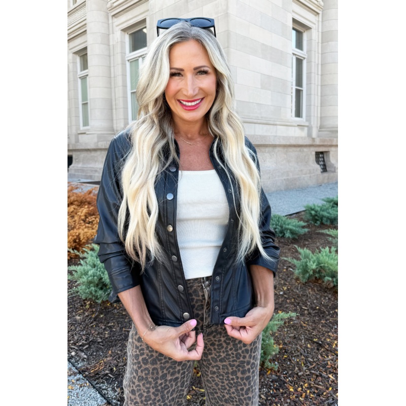 Cinched 3/4 Sleeve Detail Faux Leather Peplum Jacket Small Black