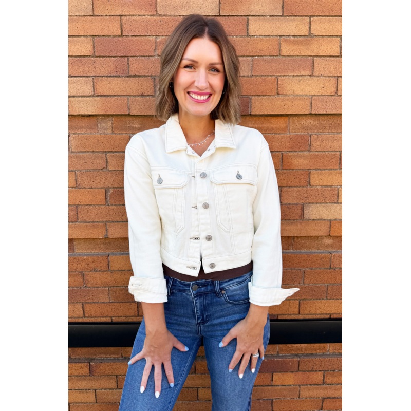 Elastic Back Denim Trucker with Chest Pocket Small Ecru