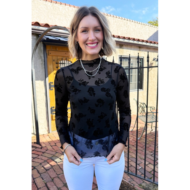 Floral Lace Long Sleeve Layering Top Small Black