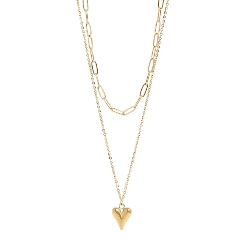 Layered Paperclip Necklace with Heart Charm 18K Gold Plated
