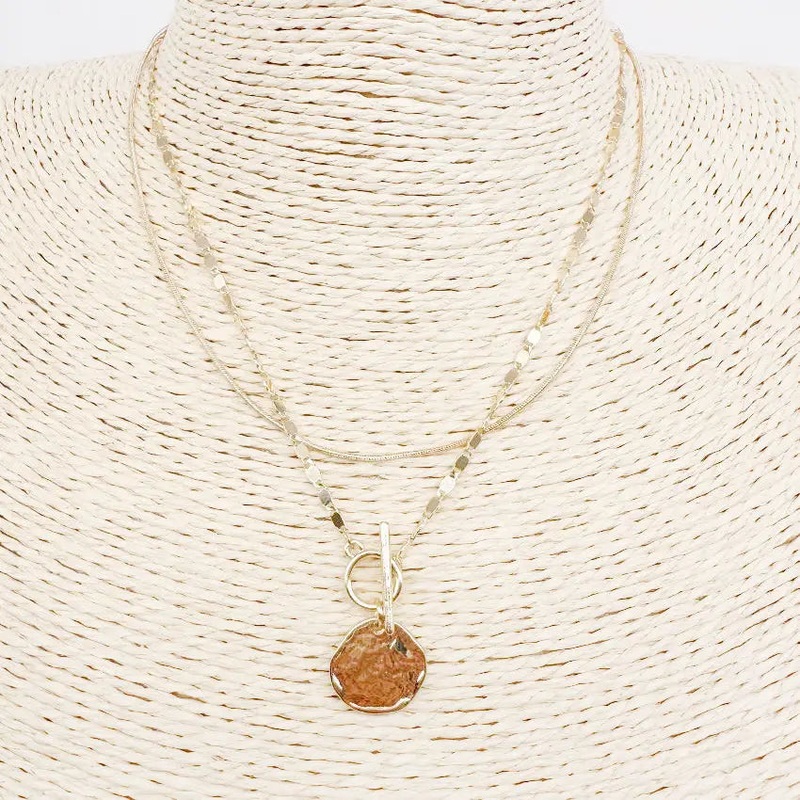 Thin Multi Chain Necklace with Hammered Toggle Coin Gold