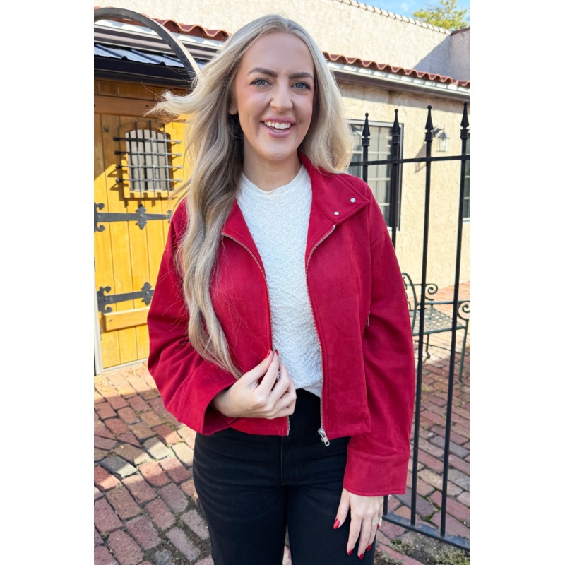 Zipper Front Suede Jacket XS Red