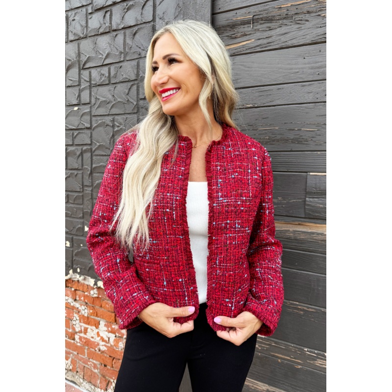 Collarless Jacket w/ Frayed Edges XS Red Mutli Boucle