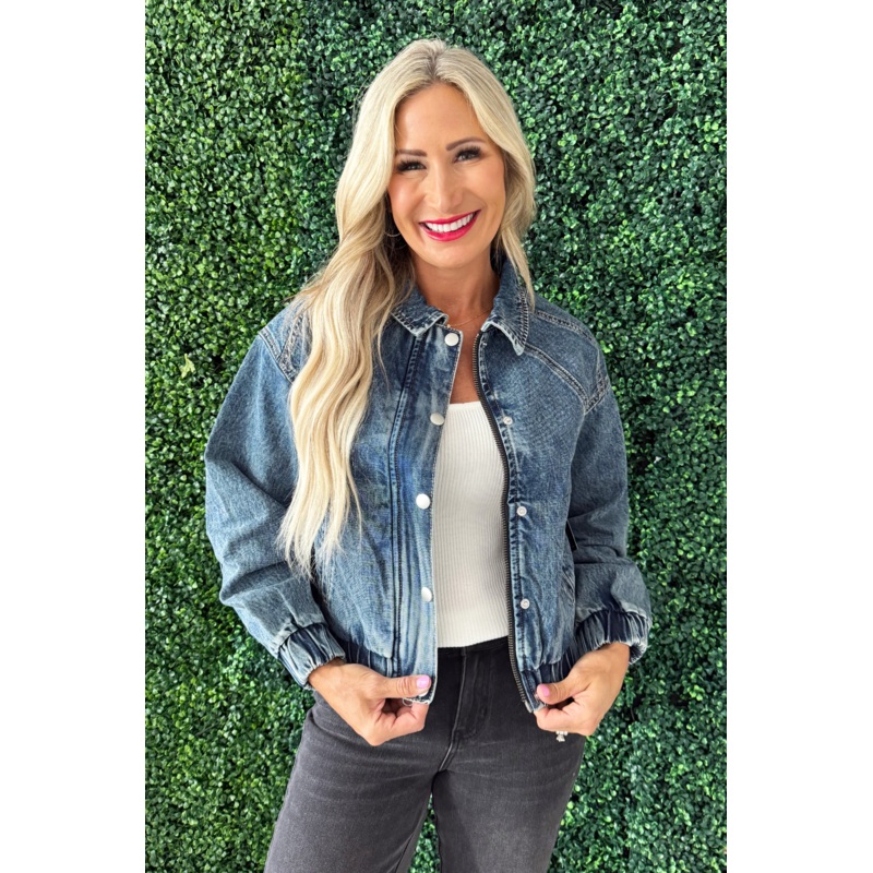 Elastic Cuff Waistband Jacket Small Denim Blue