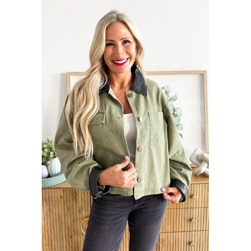 Front Pocket Leather Detail Jacket Small Pine