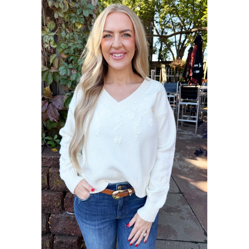 V Neck Flower Embrordery Sweater Small Ivory