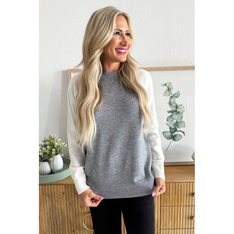 Color Block Sweater Small Grey White