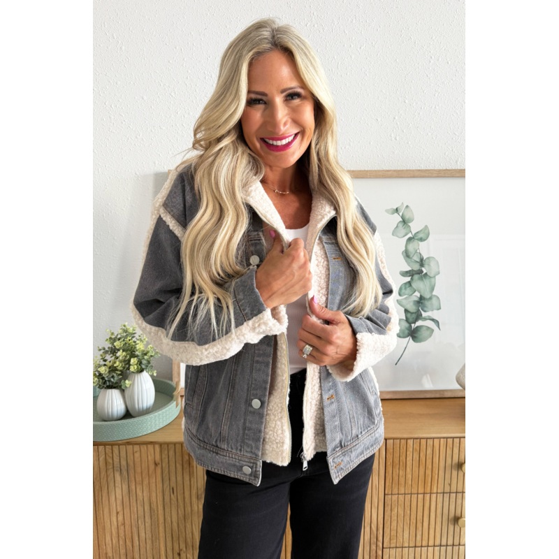 Denim Mixed Sherpa Jacket Small Charcoal