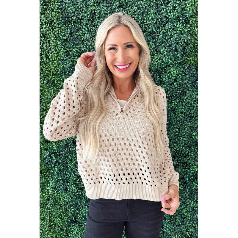 Open Knit Half Zip Pull Over Small Oatmeal
