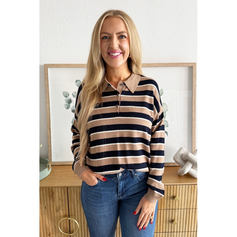 Stripe Polo Long Sleeve Knit Sweater Small Taupe/Navy