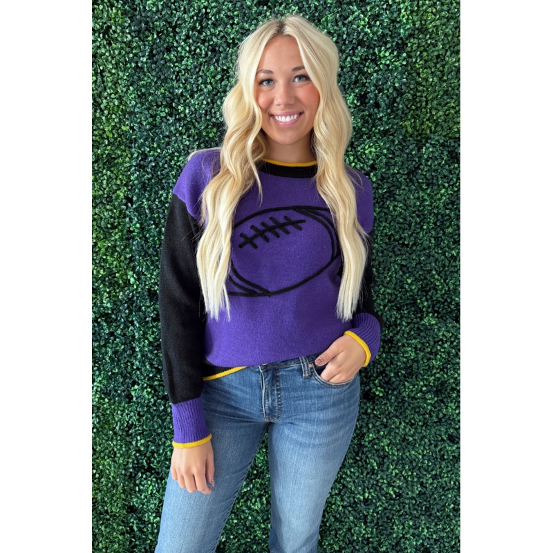 Football Color Block Game Day Knit Sweater Small Purple