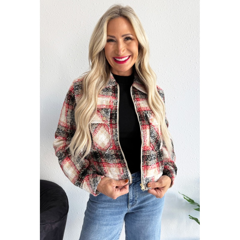 Textured Plaid Collared Jacket Small Black/Blue