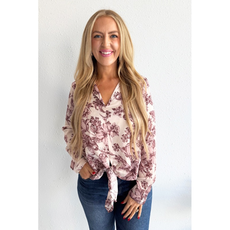 Tie Front Satin Blouse Small Almond Mix