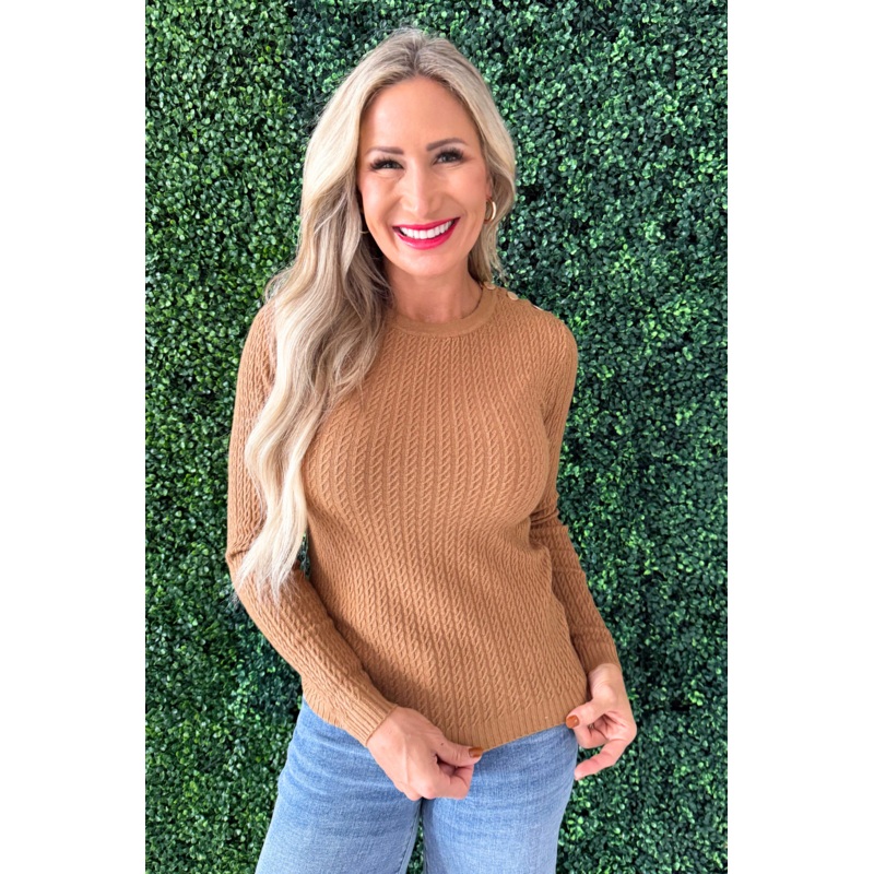 Fitted Cable Knit Sweater with Button Details Small Camel