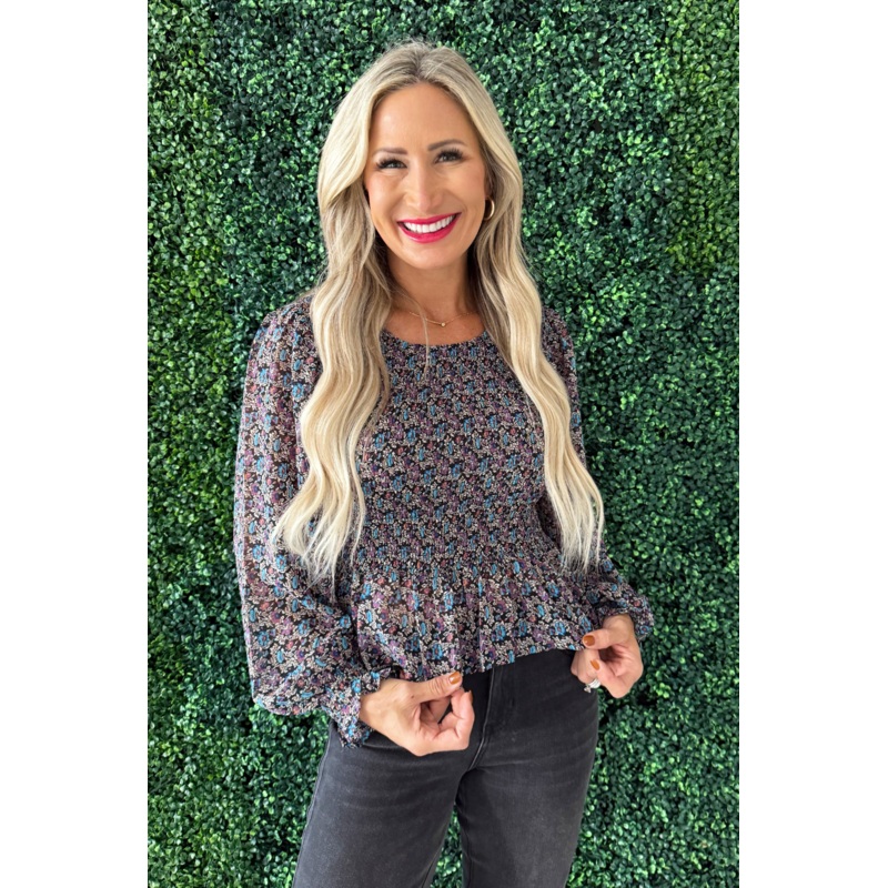 Printed Balloon Sleeve Peplum Top XS Madrid