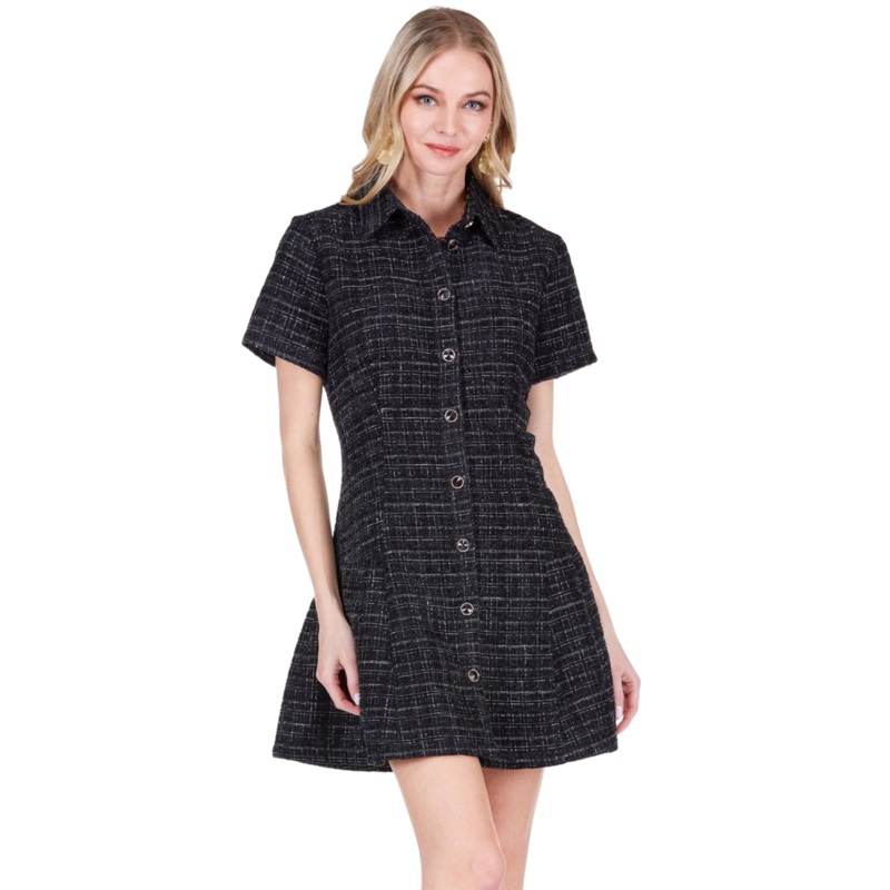 Pleated Hem Dress, Black XS
