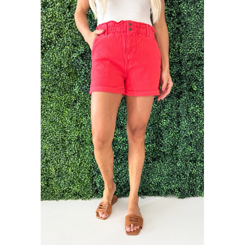 Ruch Waist Denim Shorts XS Watermelon