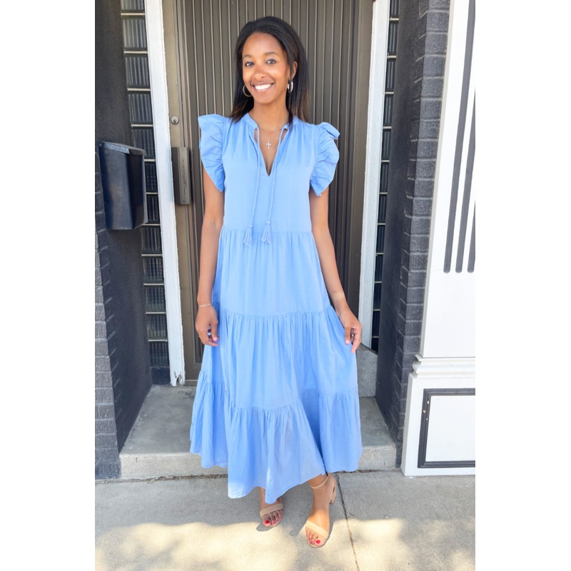 Tiered Ruffle Short Sleeve Maxi XS Blue