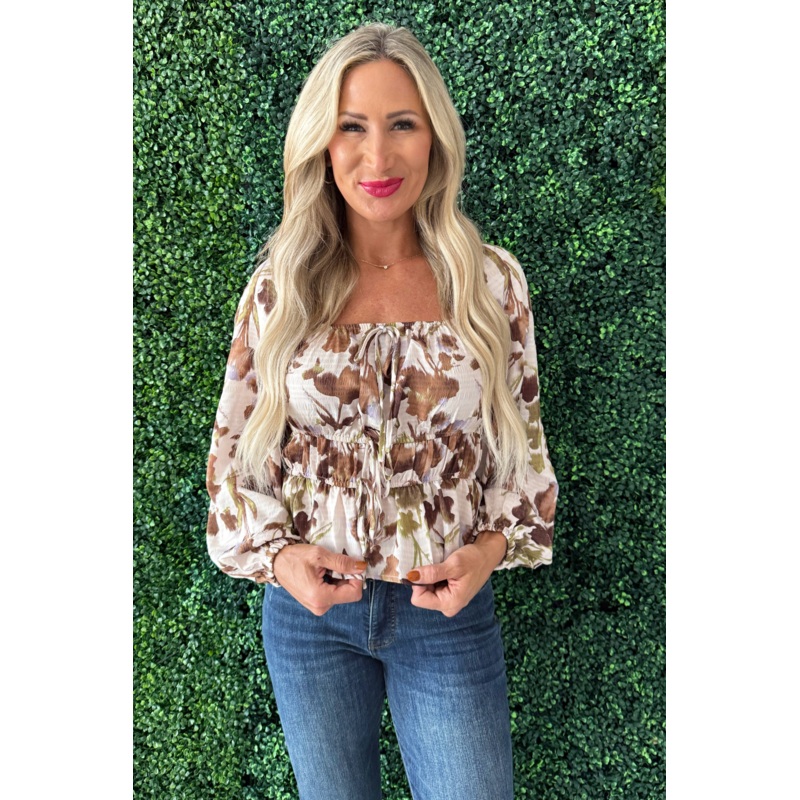 Abstract Floral Square Neck Puff Sleeve Top Small Brown Multi