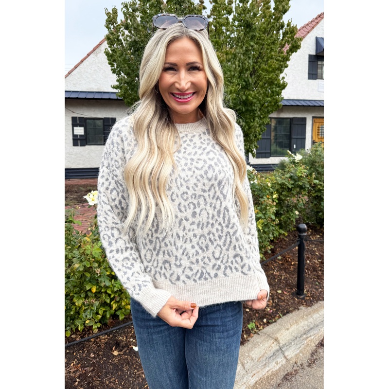 Animal Print Crew Neck Sweater Small Cream/Grey