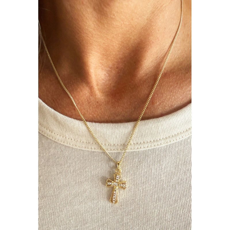 14K Gold Plated Rhinestone Cross Pendant Necklace Gold