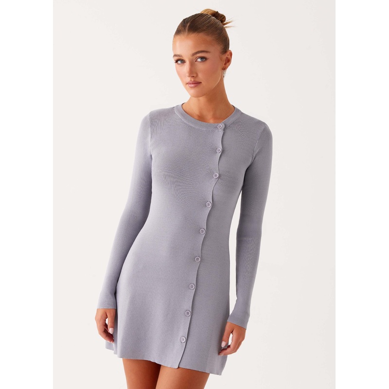 Not One Time Long Sleeve Knit Mini Dress – Grey Grey XS-S