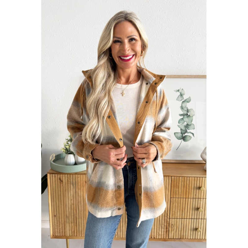 Plaid High Collar Jacket Small Camel
