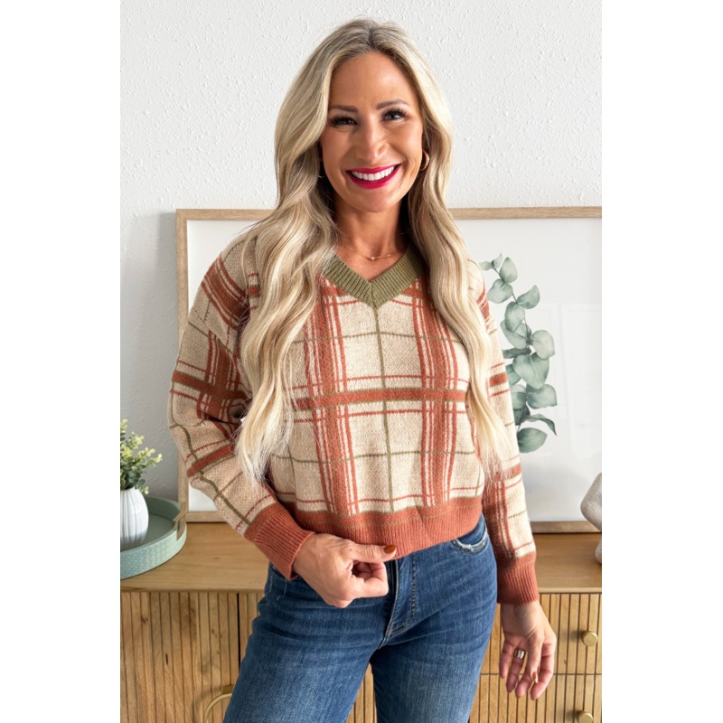 Plaid V Neck Knit Sweater Small Butterscotch