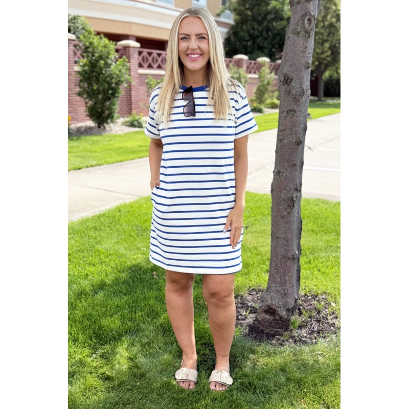 Striped T-Shirt Mini Dress Small Off White/Blue
