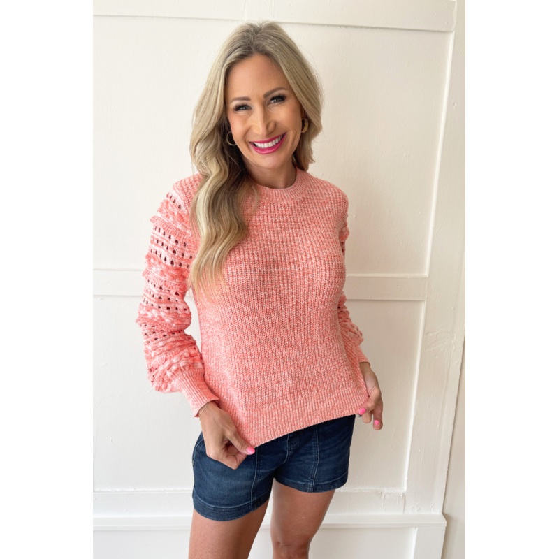 Textured Sleeve Crew Neck Sweater Small Peach Coral